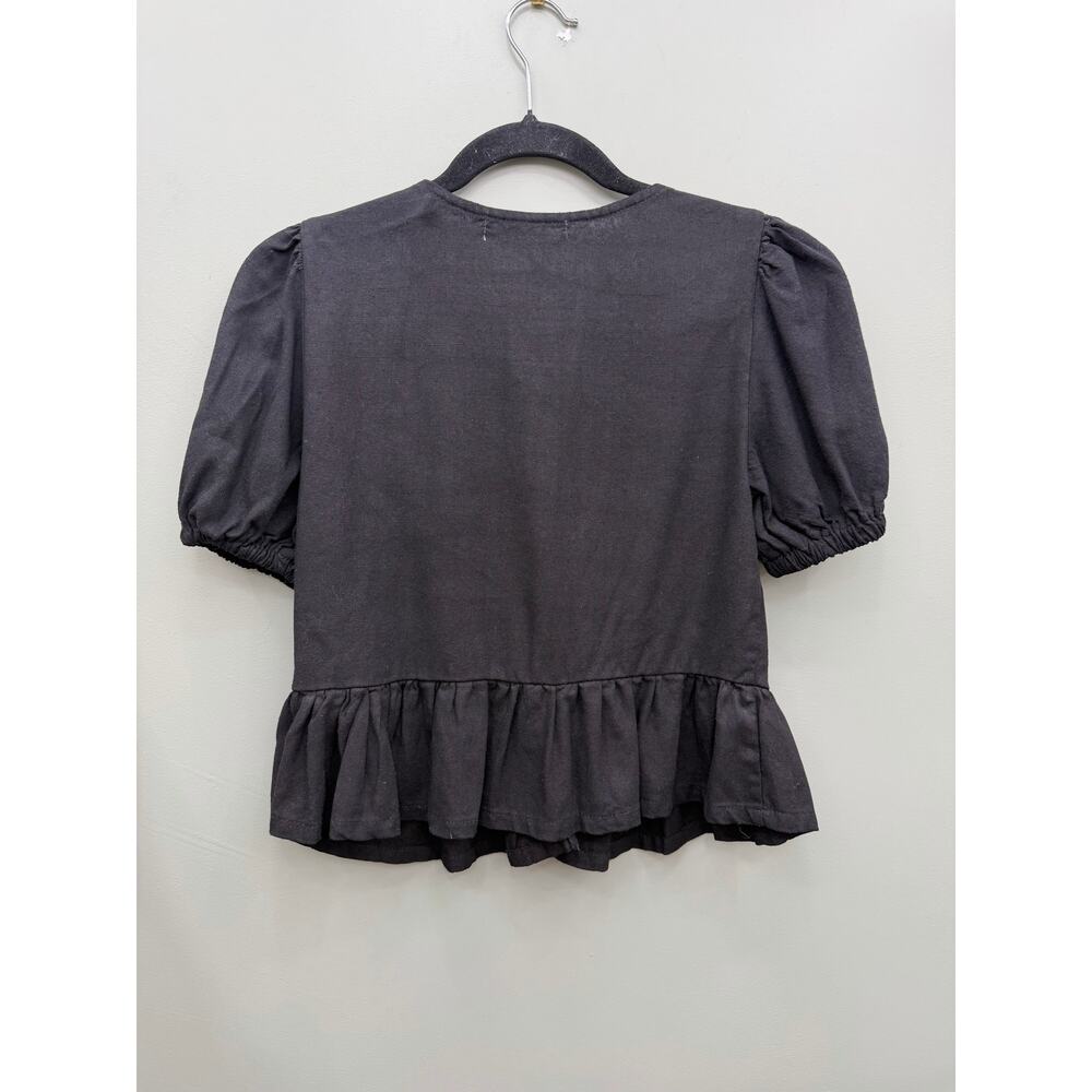 Liberty Love Black Linen Blend Tie Front Peplum Puff Sleeve Top XS - Picture 5 of 5